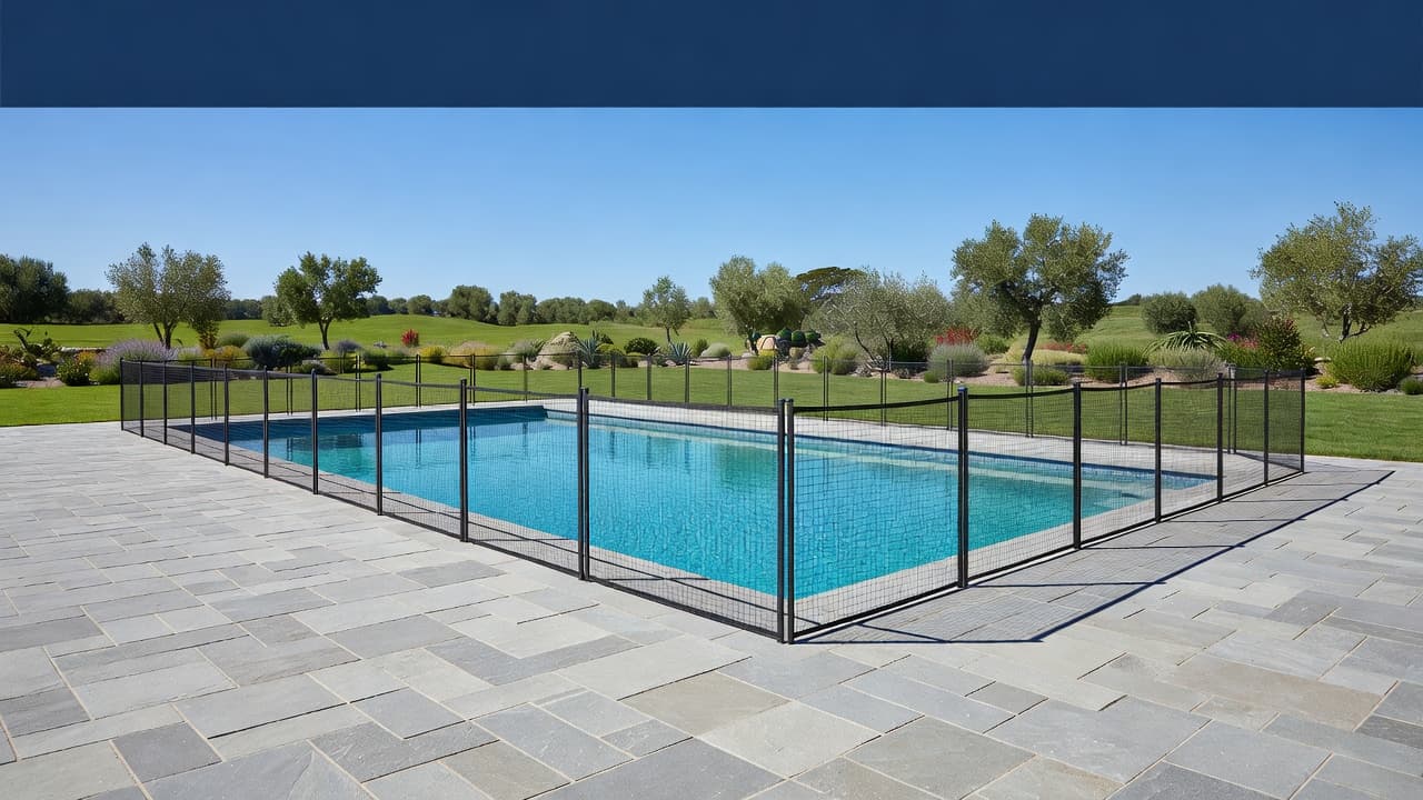 Pool paver replacement with fresh stone pavers around a backyard pool and mesh safety fence.
