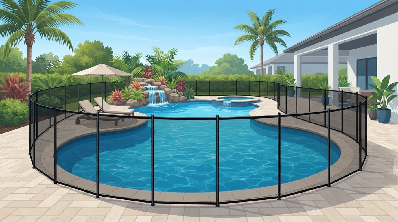 Freeform pool barrier layouts with a black mesh fence around all sides of a curved pool and a safety gate. Freeform pool barrier layouts