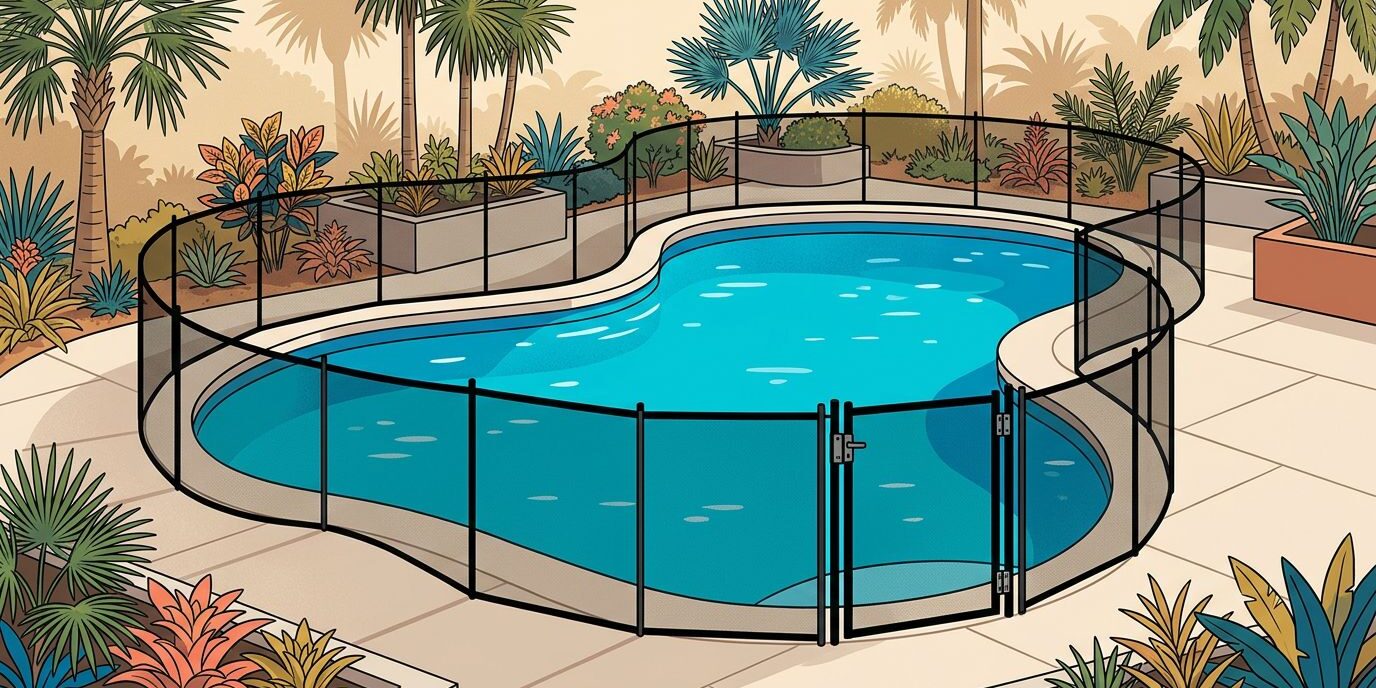 A black mesh safety fence curves around a turquoise swimming pool in a tropical yard.