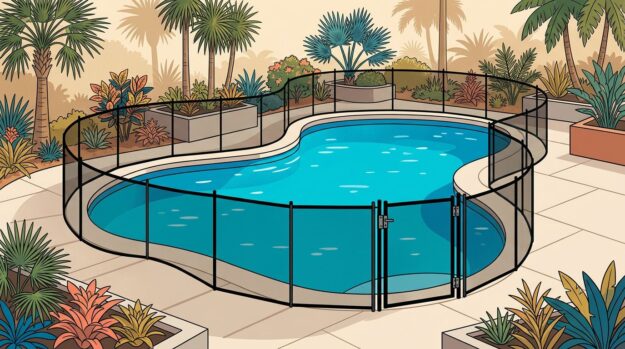 Southwest Florida Pool Barrier Layout A black mesh safety fence curves around a turquoise swimming pool in a tropical yard.