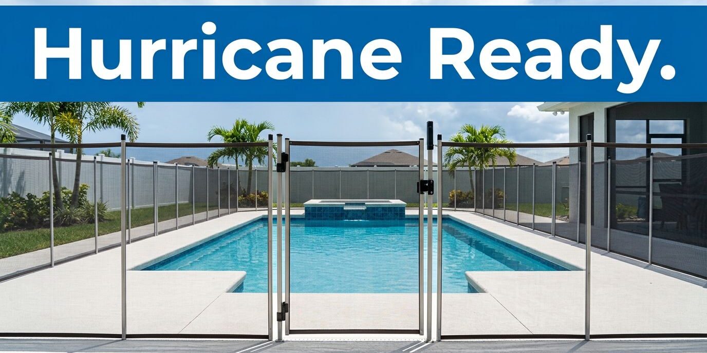 A secure mesh safety fence around a clear pool before a storm.