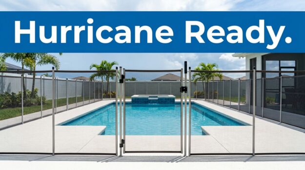 A secure mesh safety fence around a clear pool before a storm.