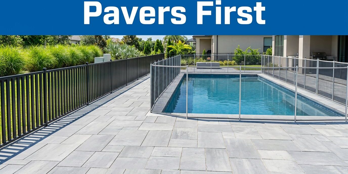 New pool deck pavers in the foreground with a safety fence and temporary mesh barrier.