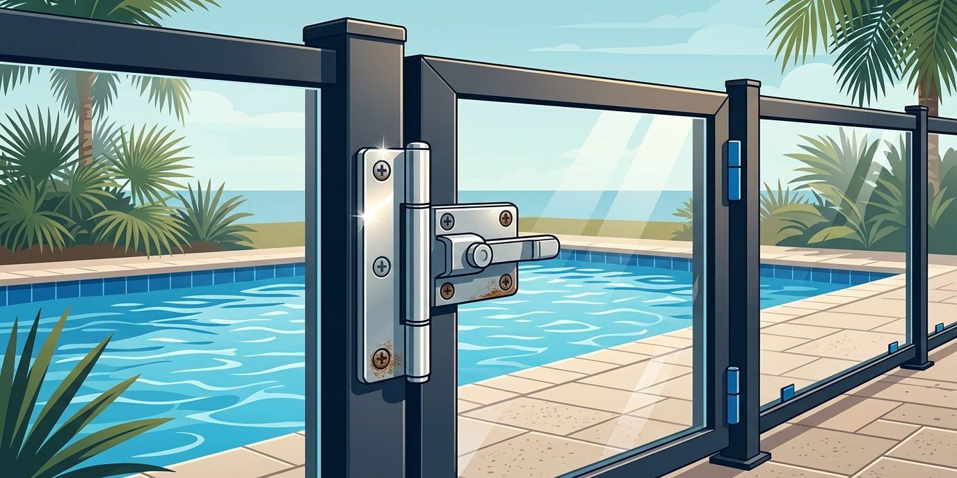 A stainless-steel safety gate beside a sunny Florida pool with palm trees.