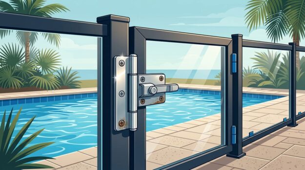 Saltwater Pool Gate Hardware A stainless-steel safety gate beside a sunny Florida pool with palm trees.