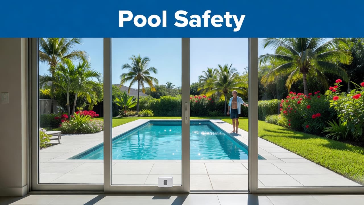 A discreet electronic sensor attached to a sliding glass door leading to a sunny pool.