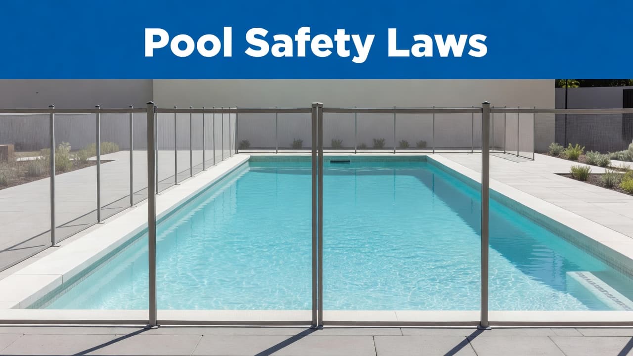 A clear swimming pool sits behind a secure, transparent mesh fence on a sunny day. A blue horizontal banner spans the top of the frame featuring bold white text about safety laws.