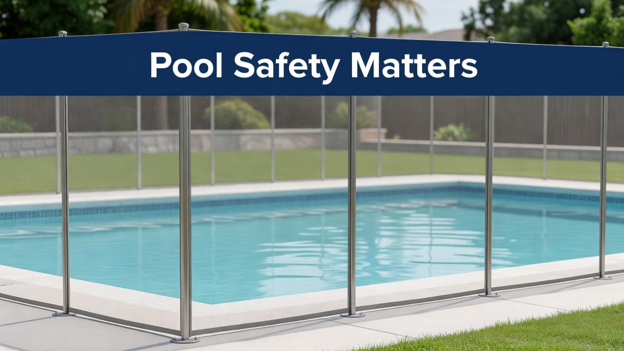 A durable black mesh fence creates a pool safety barrier around a pristine backyard swimming pool.