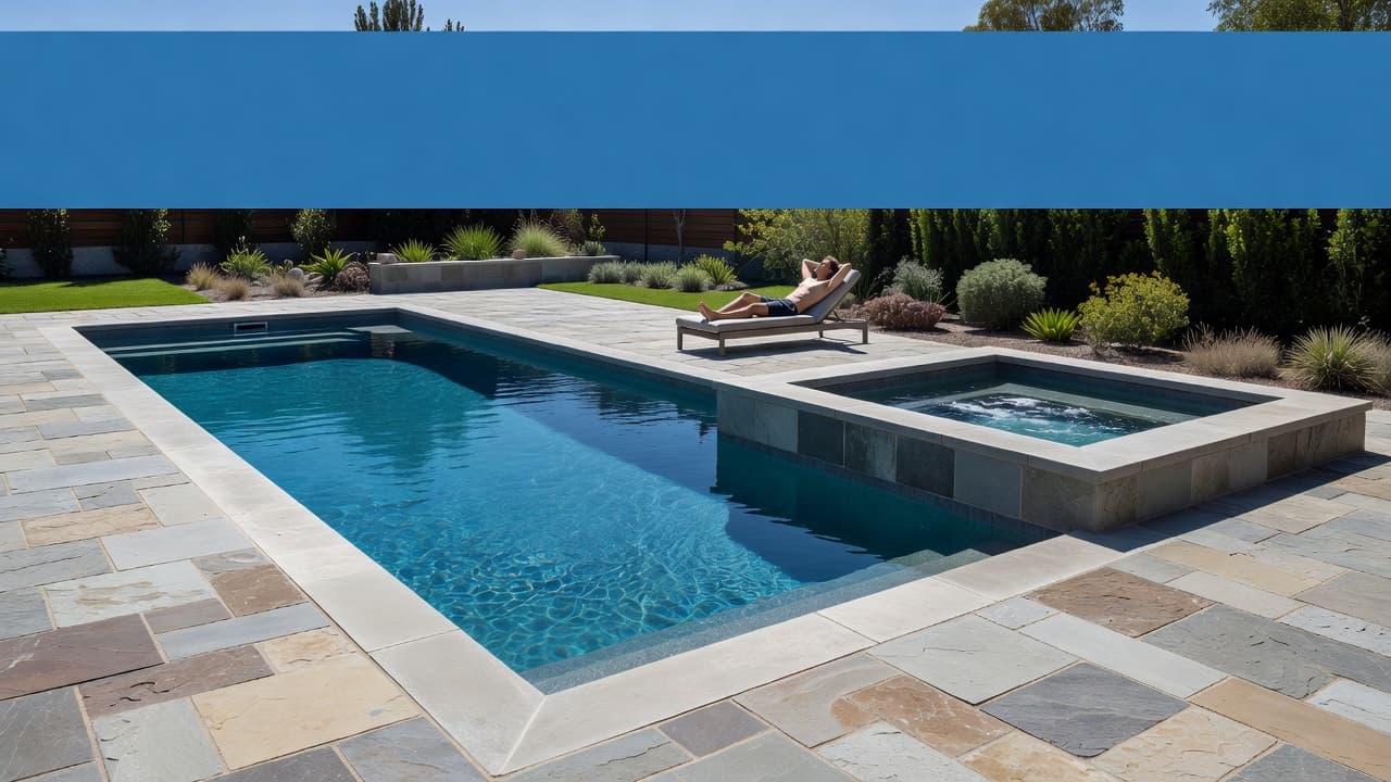 Spa pool separation in a modern backyard with a raised stone spa beside a swimming pool.