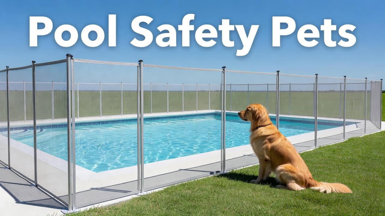 Pool safety pets: A clear mesh fence surrounds a swimming pool while a dog watches from the grass.