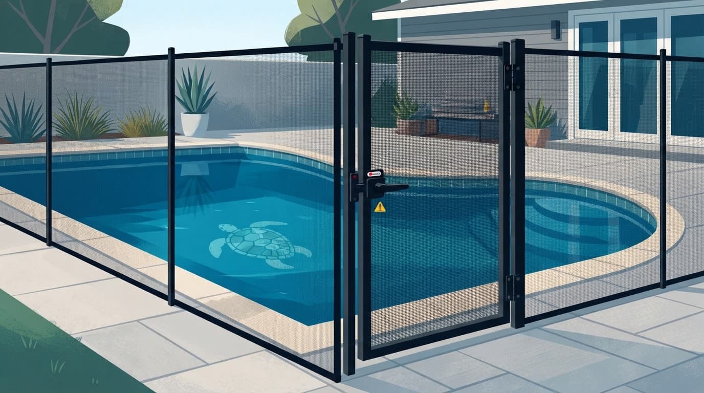 Freeform pool barrier layouts with a black mesh pool fence and self-closing safety gate. Freeform pool barrier layouts