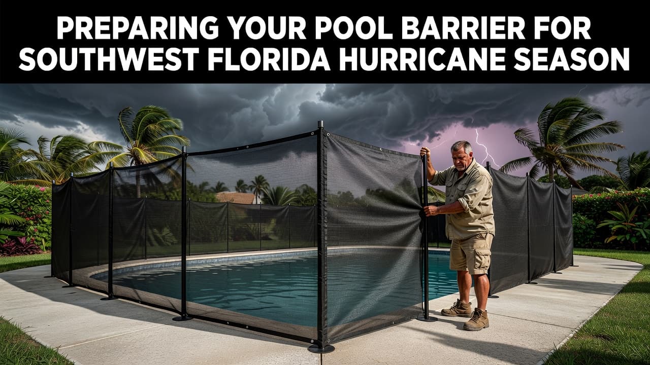 A protective mesh safety fence installed around a backyard pool under a stormy sky.