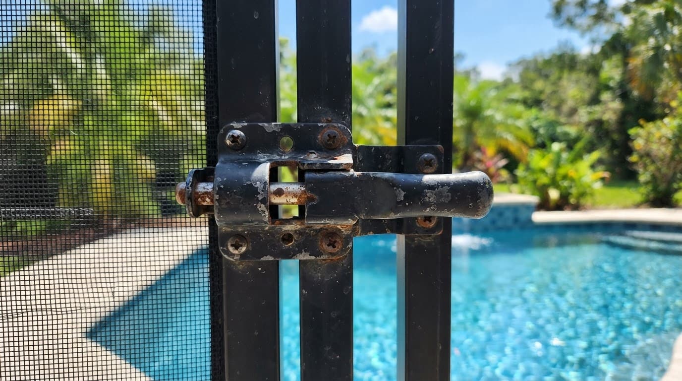 Salt air pool hardware on a weathered black pool gate latch in bright Florida sunlight.