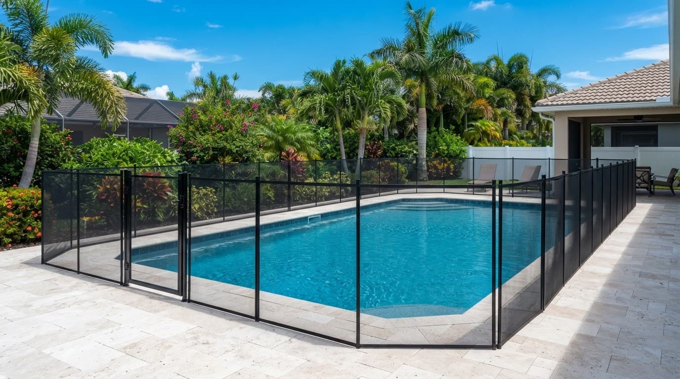 Salt air pool hardware on a black mesh pool fence surrounding all sides of a Southwest Florida pool with one safety gate.