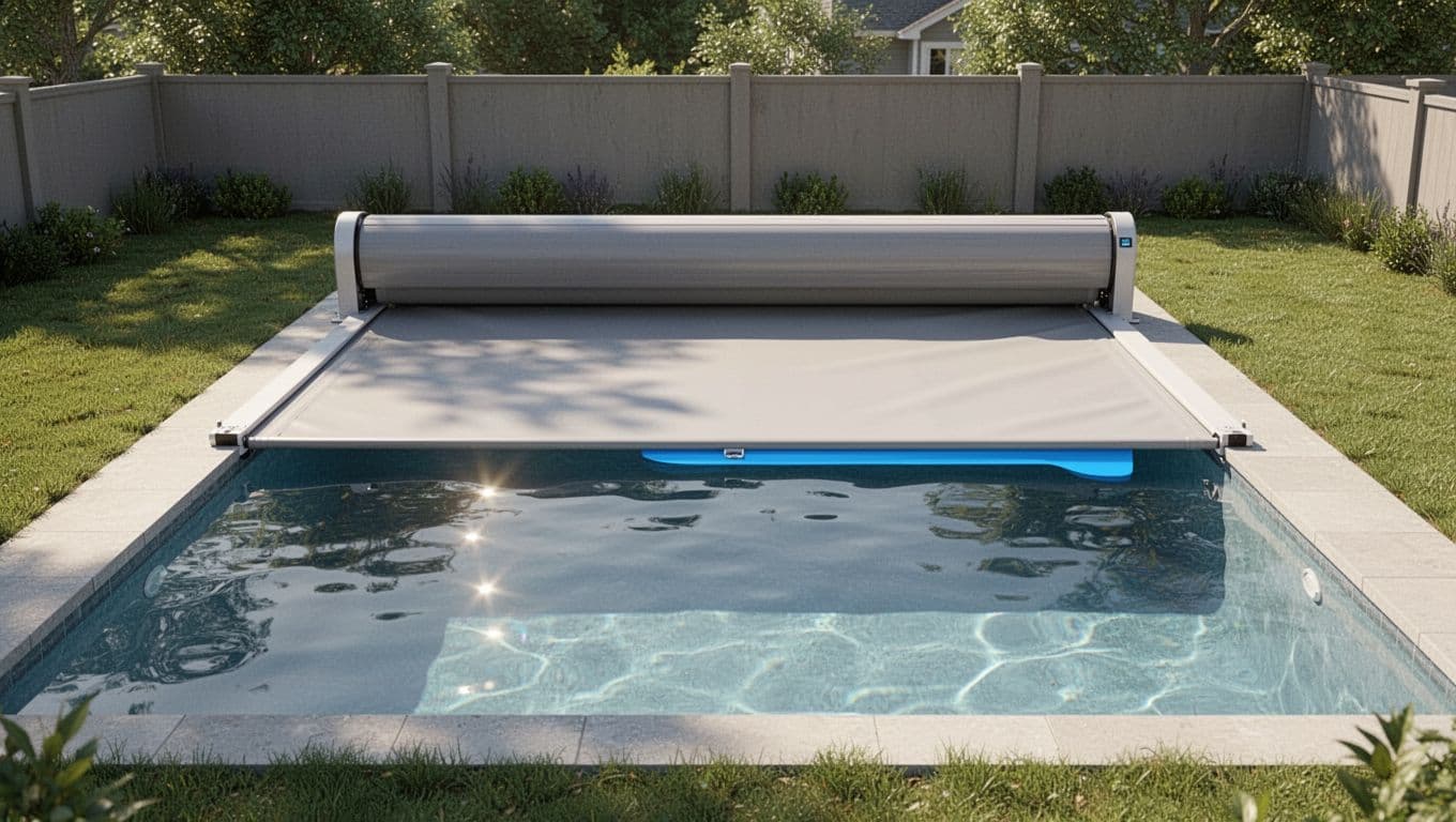 Automatic cover deployed over a backyard swimming pool in sunny Southwest Florida.