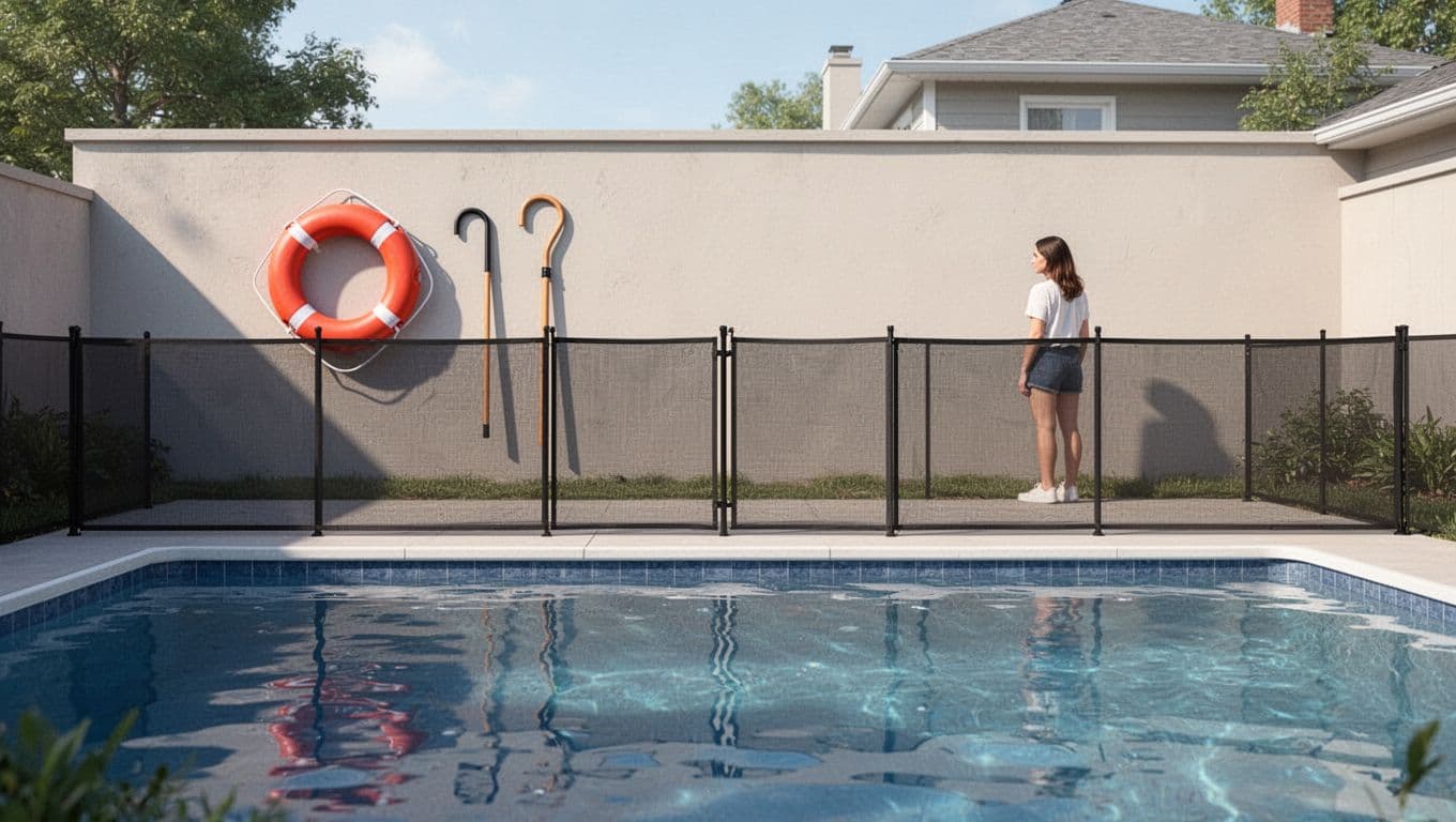A rescue station hangs beside a fenced backyard pool, with one person in the distance. Pool Rescue Equipment