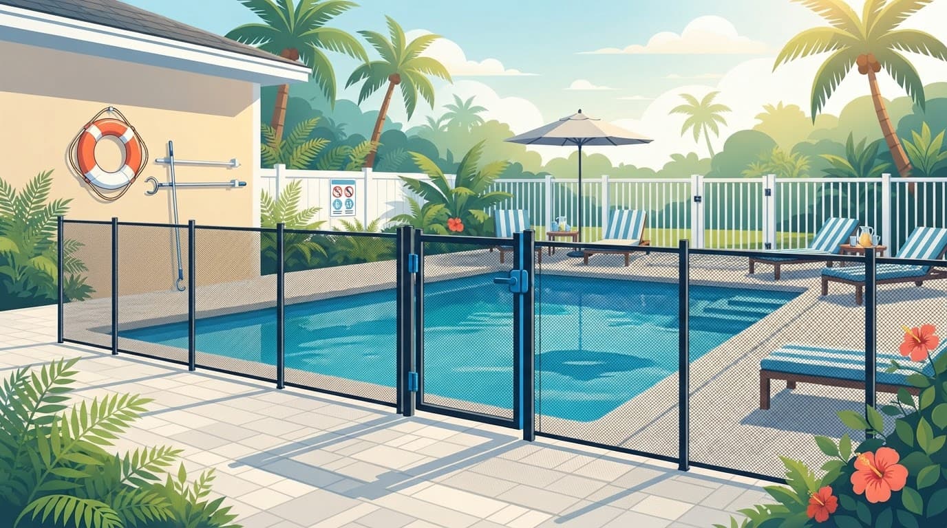 Florida pool safety setup with a black mesh fence, gate, and rescue equipment. Florida Pool Safety