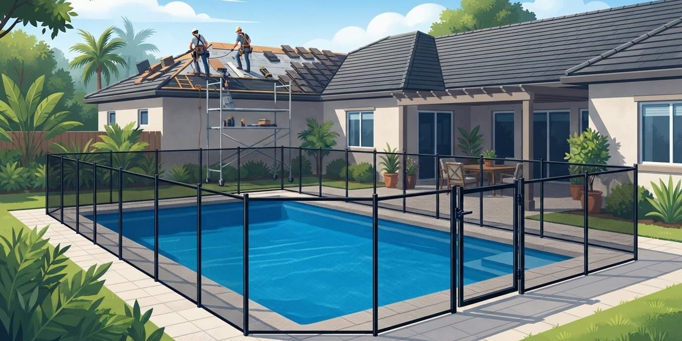 Black mesh fencing surrounds a blue backyard pool beside a house under roof repair.
