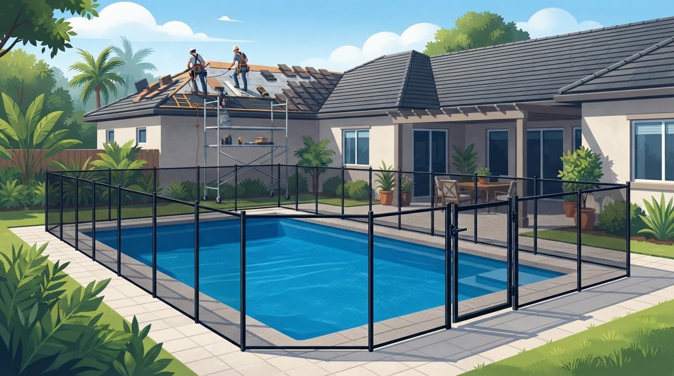 Black mesh fence surrounding a backyard pool beside a house under roof repair. Pool Barrier Protection