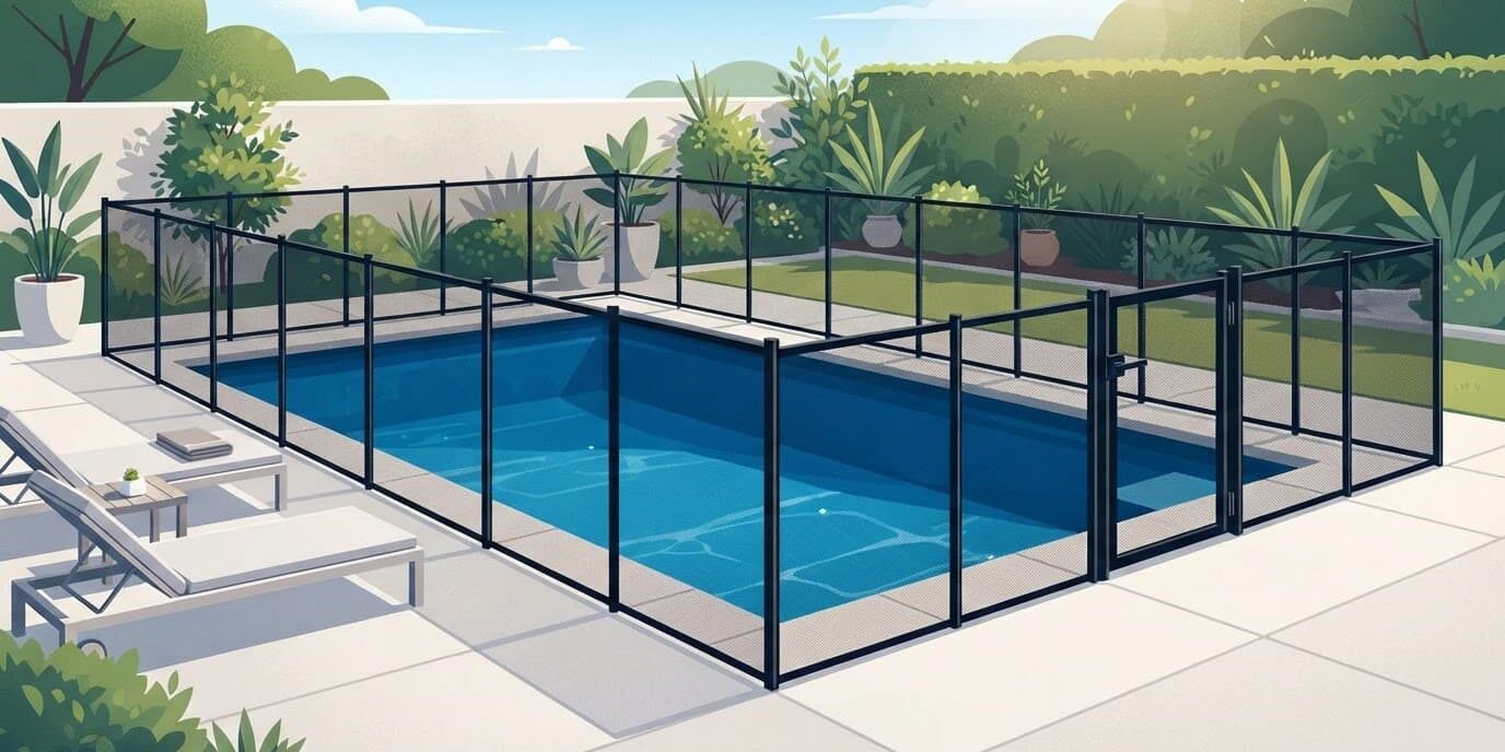 Secure Pool Fence A fenced backyard pool with a self-latching gate and bright blue water.