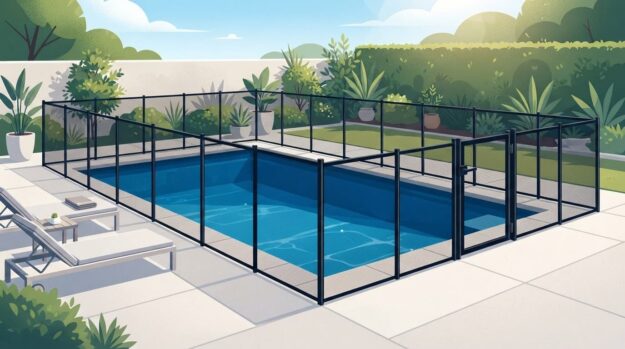 Secure Pool Fence A fenced backyard pool with a self-latching gate and bright blue water.