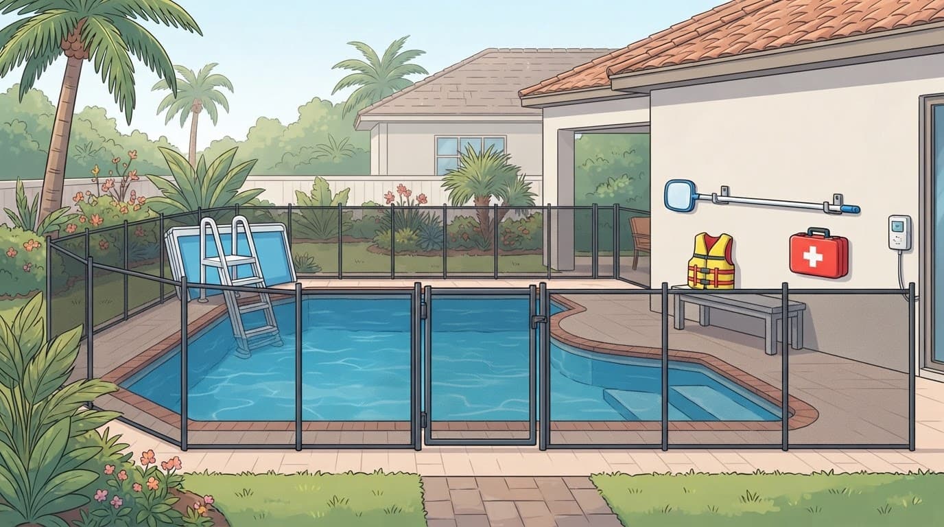 A fenced backyard pool with safety equipment and a stored ladder nearby.
