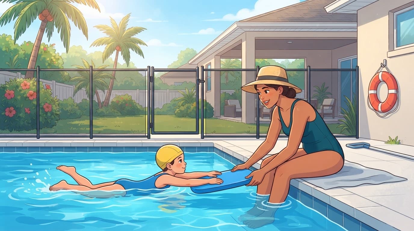 An adult closely supervises a child practicing kicks in a backyard pool.