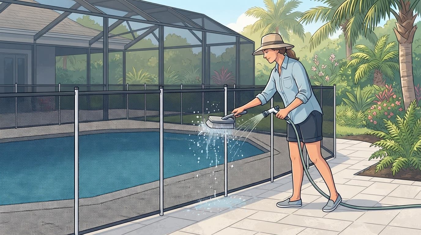 A Florida pool barrier being gently washed with a hose.