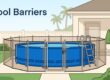 Blue above-ground pool enclosed by a safety barrier with a latched gate and removable ladder.