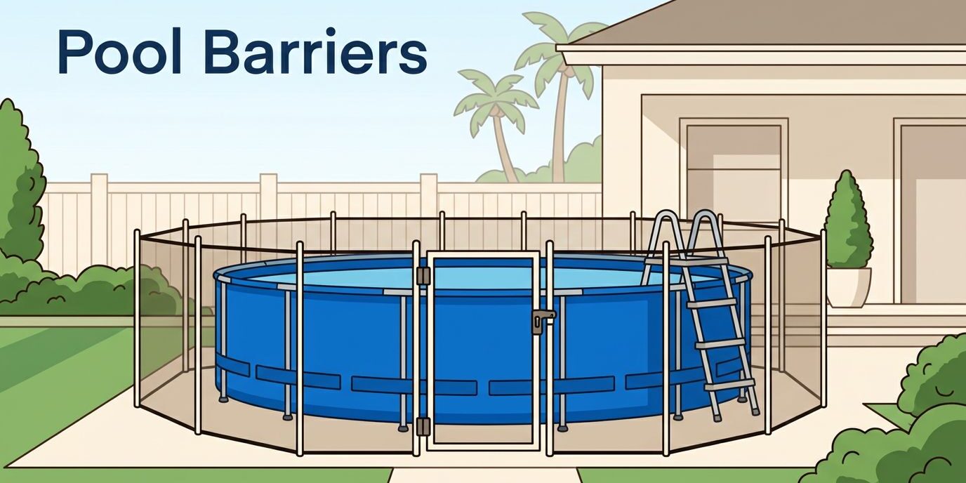 Blue above-ground pool enclosed by a safety barrier with a latched gate and removable ladder.