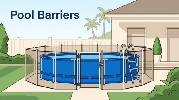 Florida Pool Safety Barrier Blue above-ground pool enclosed by a safety barrier with a latched gate and removable ladder.
