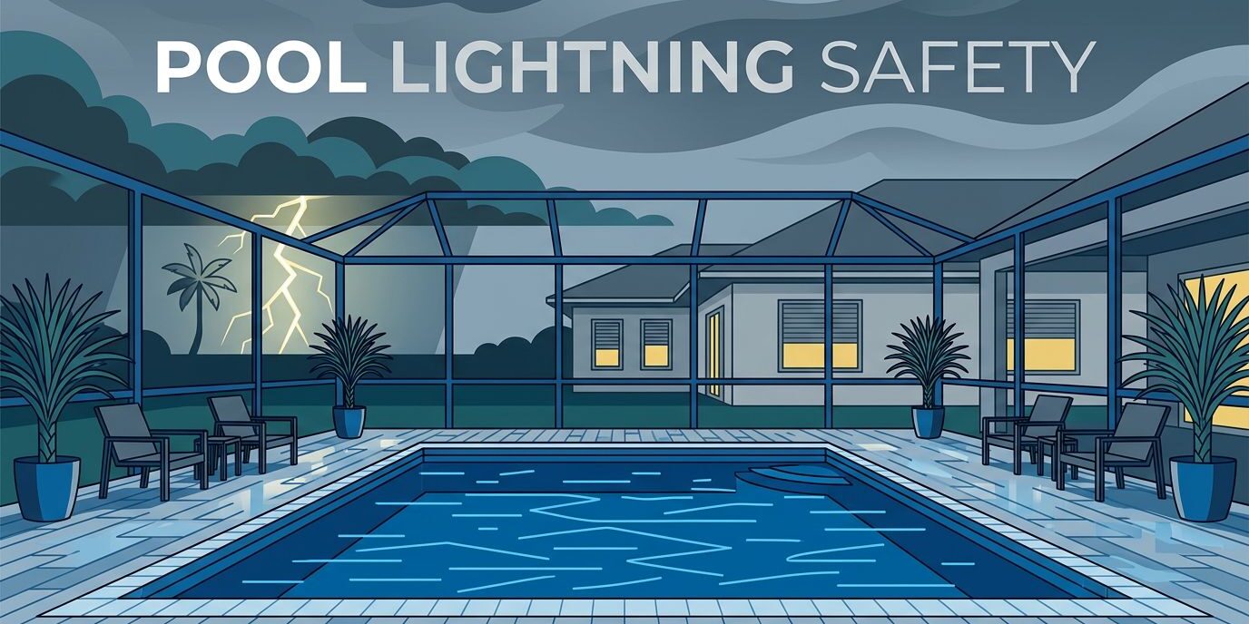 An empty backyard pool under storm clouds with lightning and a closed house nearby.