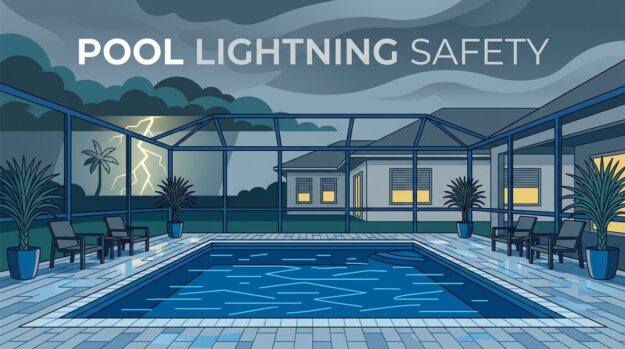 Florida Pool Lightning Safety An empty backyard pool under storm clouds with lightning and a closed house nearby.