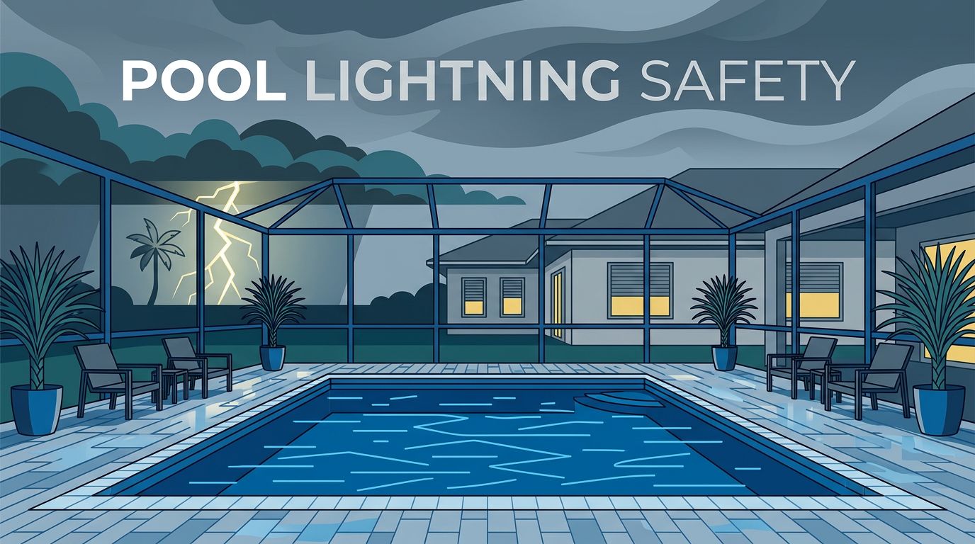Florida Pool Lightning Safety An empty backyard pool under storm clouds with lightning and a closed house nearby.