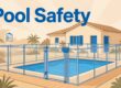 A Florida pool enclosed by a clear safety fence with a secure gate and sunny home behind it.