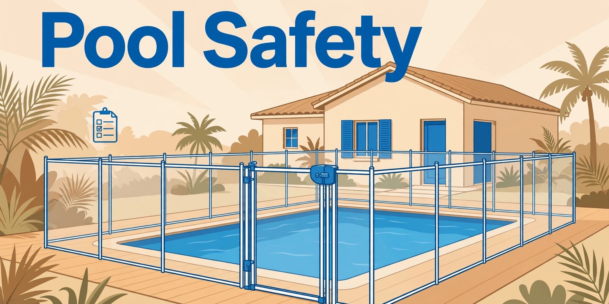 A Florida pool enclosed by a clear safety fence with a secure gate and sunny home behind it.