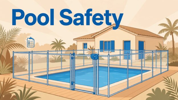Florida Pool Safety A Florida pool enclosed by a clear safety fence with a secure gate and sunny home behind it.
