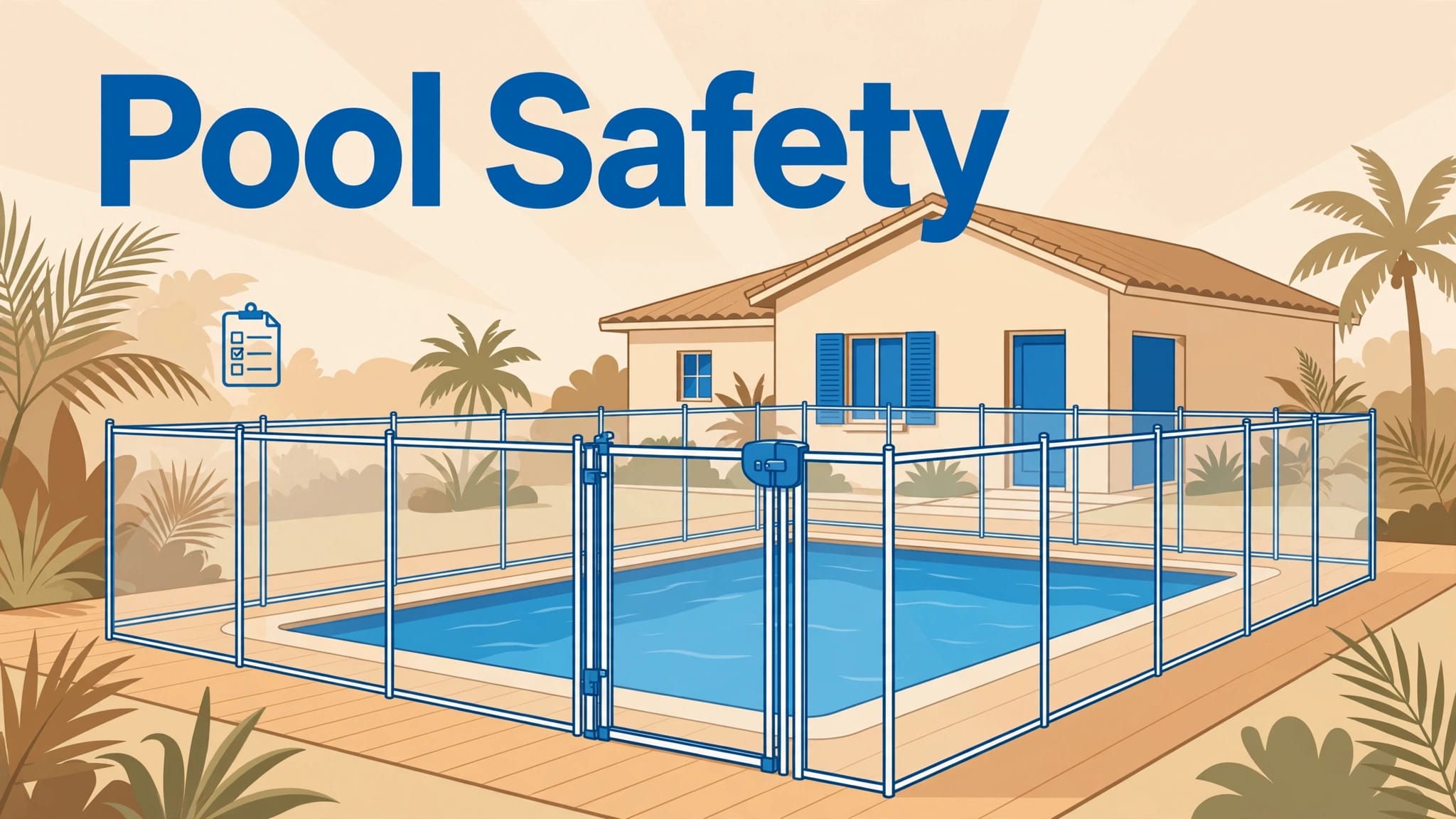 A Florida pool enclosed by a clear safety fence with a secure gate and sunny home behind it.