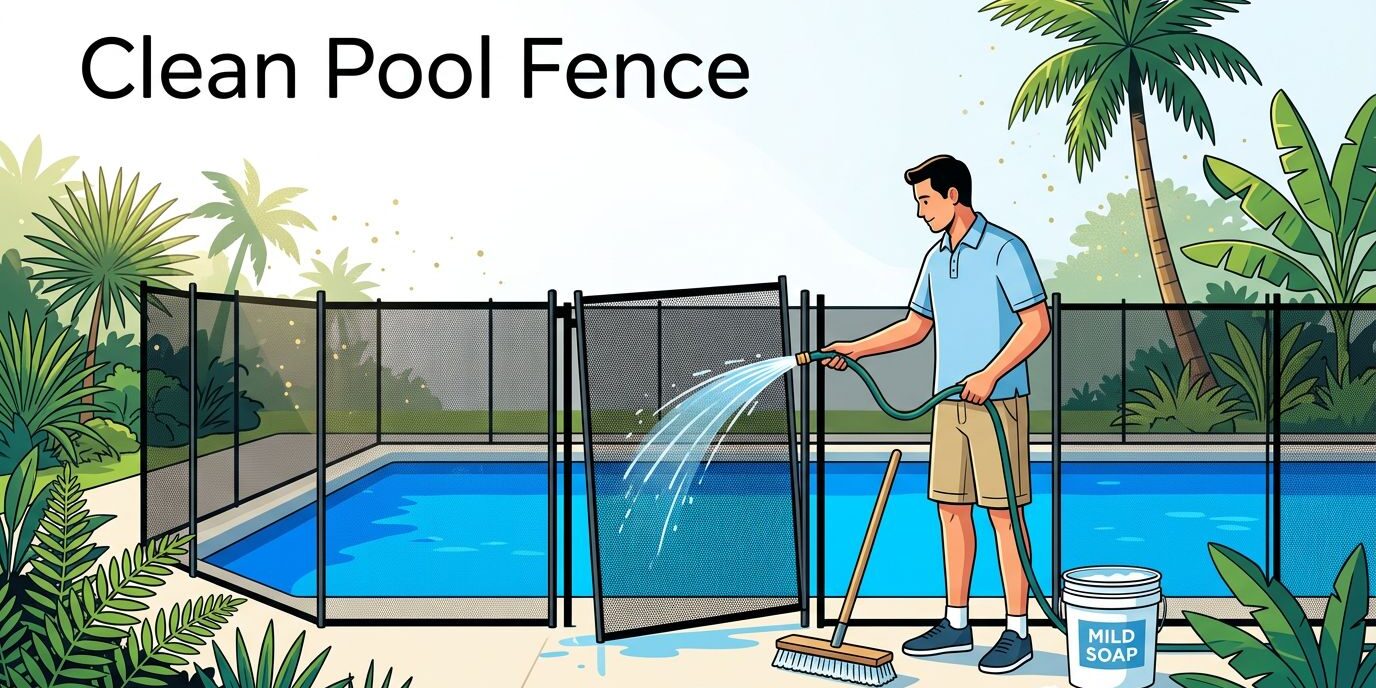 A mesh pool fence is rinsed beside a blue pool with a hose, brush, and soap bucket.