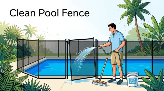 Florida Pool Fence Cleaning A mesh pool fence is rinsed beside a blue pool with a hose, brush, and soap bucket.
