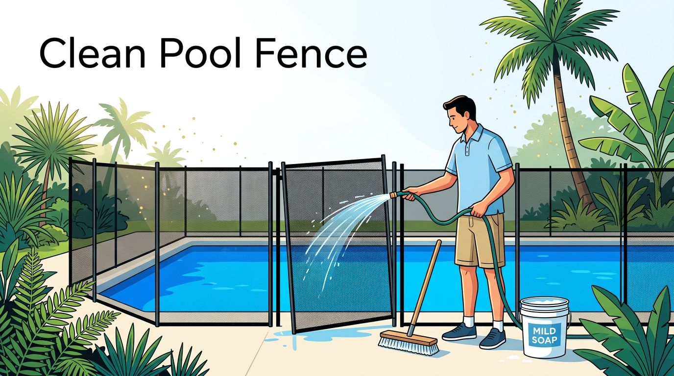 Florida Pool Fence Cleaning A mesh pool fence is rinsed beside a blue pool with a hose, brush, and soap bucket.