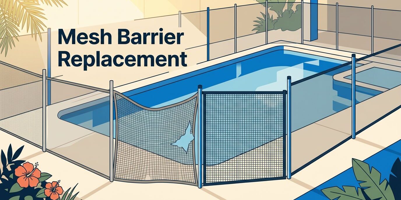 Mesh Barrier Replacement A pool fence shows a torn, sagging panel beside a secure replacement.