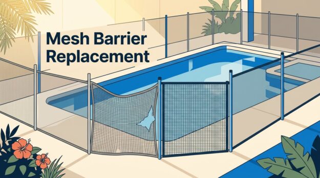 A pool fence shows a torn, sagging panel beside a secure replacement.