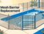 A pool fence shows a torn, sagging panel beside a secure replacement.