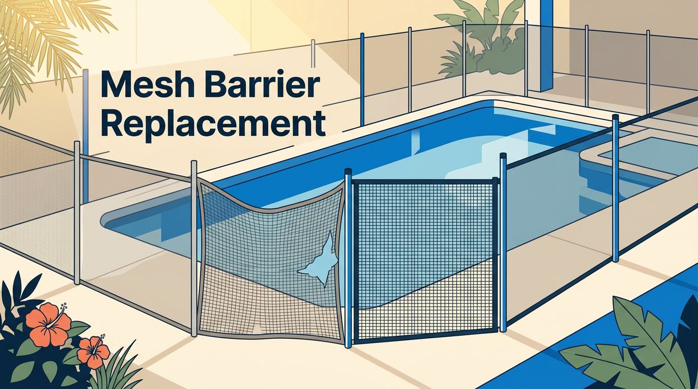 A pool fence shows a torn, sagging panel beside a secure replacement.
