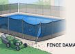 A torn pool fence sags beside a lawn mower.