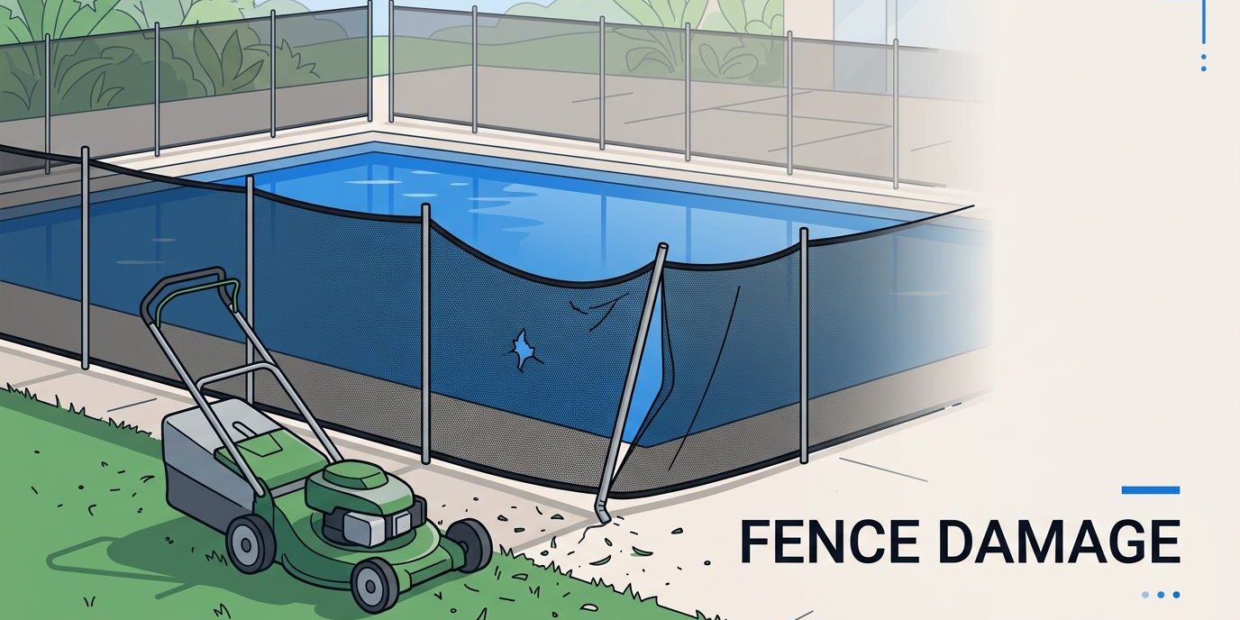 A torn pool fence sags beside a lawn mower.