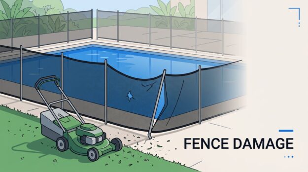 Damaged Mesh Pool Fence A torn pool fence sags beside a lawn mower.