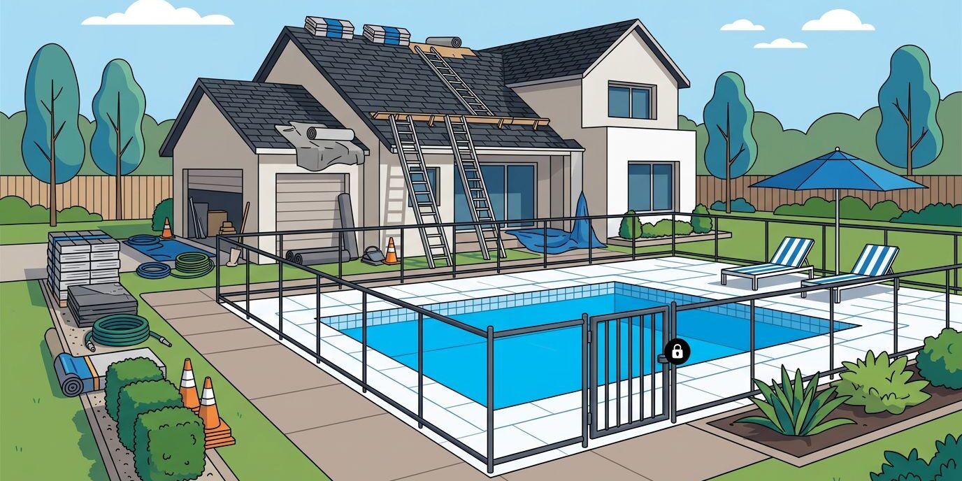 A fenced pool remains clear while roof replacement supplies stay near the house.