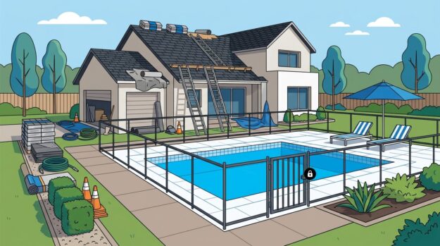 A fenced pool remains clear while roof replacement supplies stay near the house.